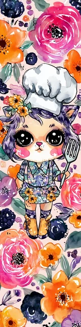 Free kawaii cats bookmark featuring a cat holding a spatula with berry flowers